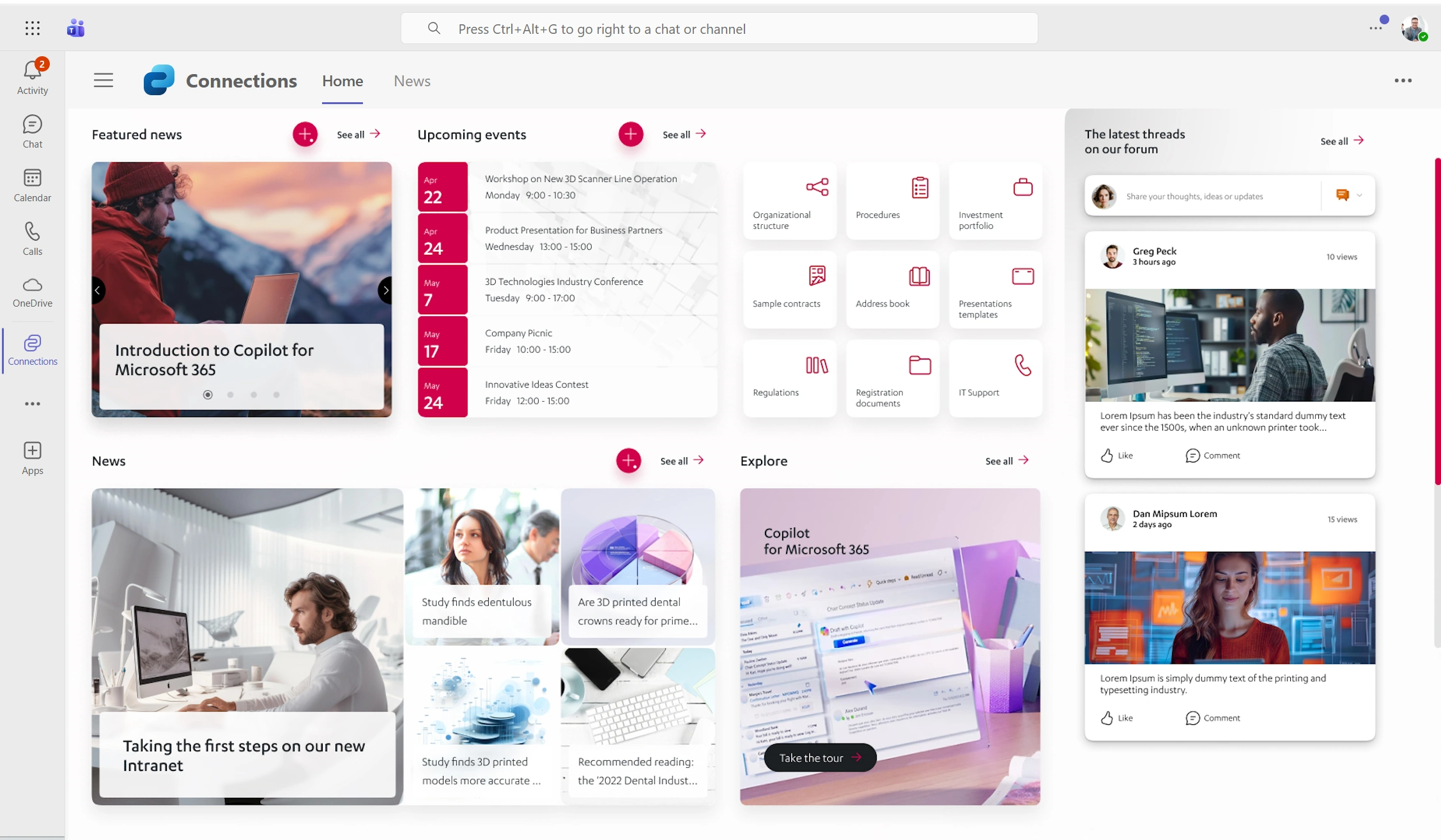 A SharePoint intranet homepage in Microsoft Teams