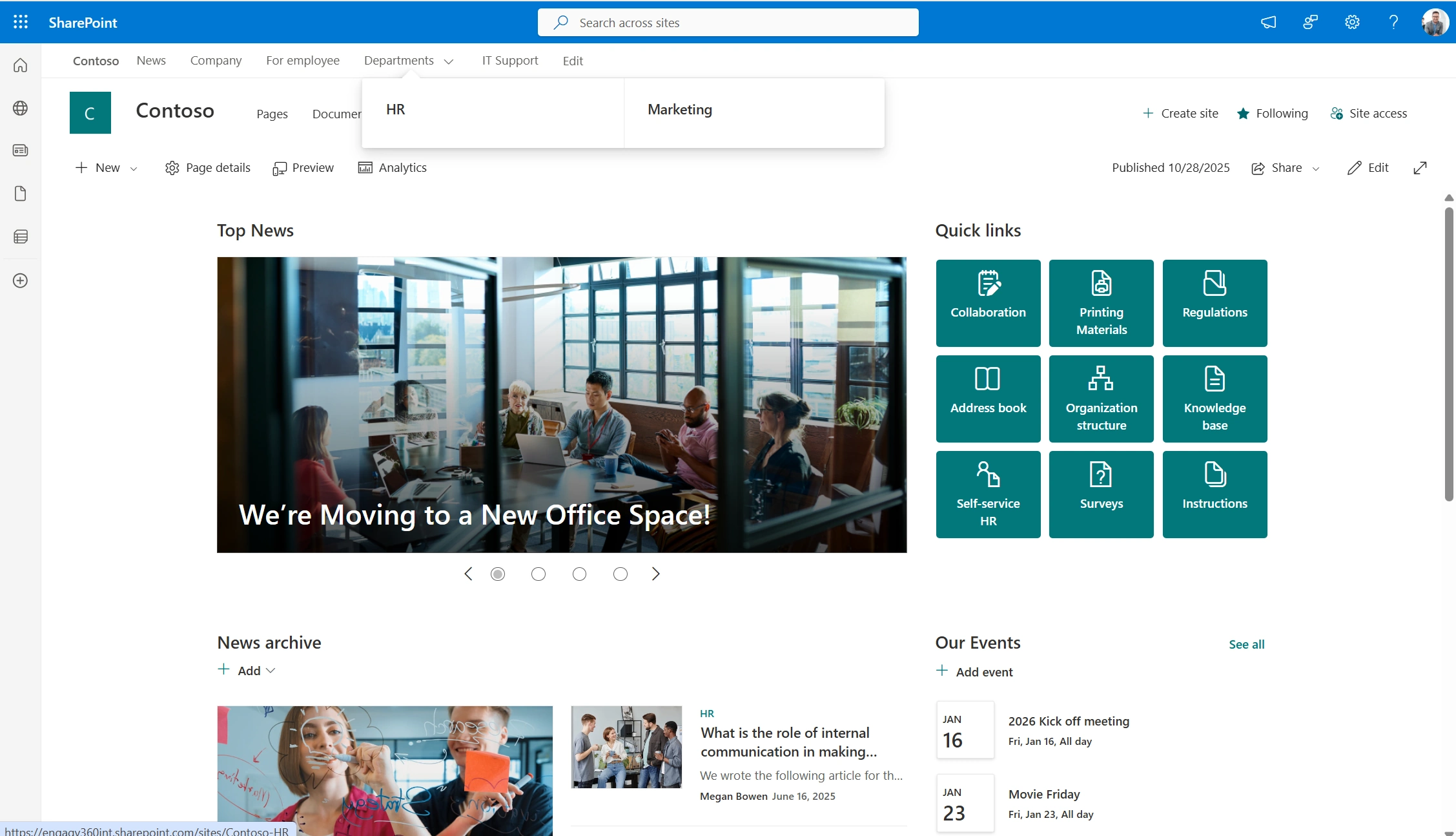A SharePoint hub site with news
