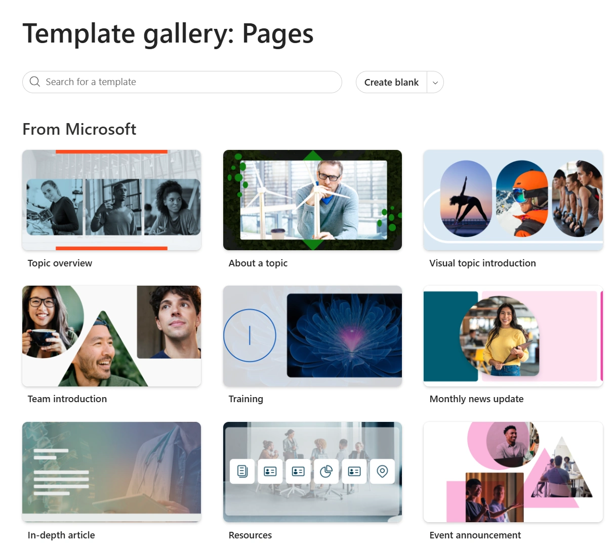 Creating intranet pages using templates
